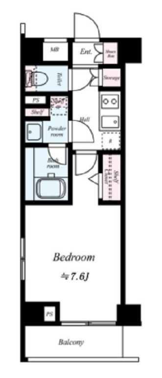 ブライズ多摩川の間取り|北向きバルコニーですが北東角部屋2面採光洋室7.6帖の1Kバストイレ別独立洗面台
2面採光とクローゼットと別に洋室上部に吊戸棚収納付きポイント！
