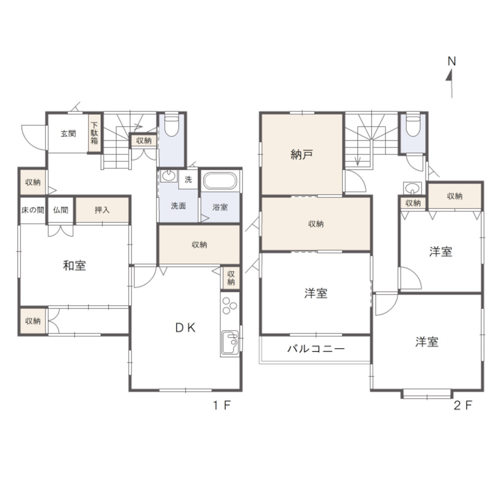 岡山市北区富町2丁目　一戸建ての間取り|1階は和室とDKを中心に、2階は洋室と納戸がそろった、4DK+Sのゆとりのある間取りです。収納も多く、すっきり暮らしやすいのがうれしいポイントです。