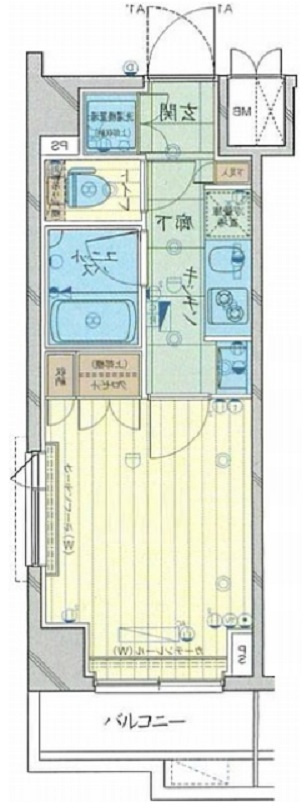 蒲田駅人気分譲賃貸マンションの間取り|南西向きバルコニー角部屋2面採光の1Kバストイレ別独立洗面台