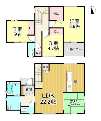 知多市南粕谷3丁目　全1棟の間取り|3LDK+タタミコーナー+WIC☆