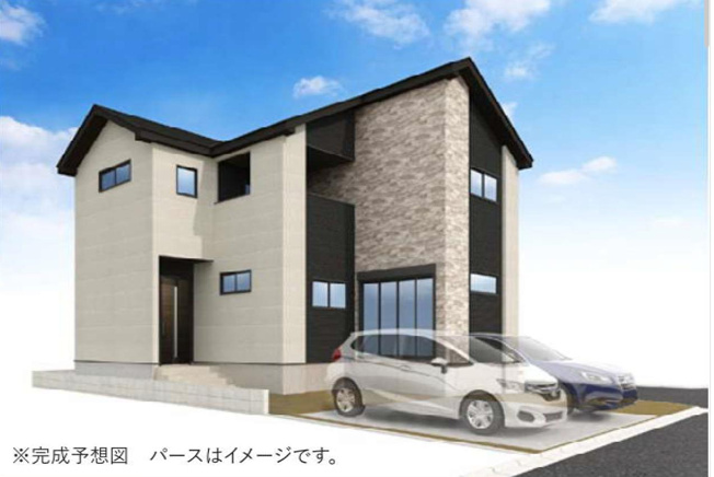 【外観パース】 | 龍ケ崎市平台7期　新築戸建　1号棟 | 小中学校まで、それぞれ徒歩15分圏内！公園も近く子育て環境良好です(^^)/
（1号棟）