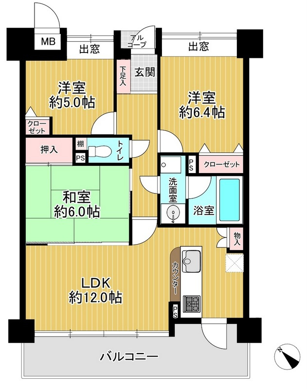 ダイアパレス八千代緑が丘の間取り|◆和室１室・洋室2室◆対面式キッチン◆全居室収納有り