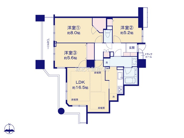 石神井公園ピアレスA棟の間取り|専有面積79.83㎡ 3LDK
16.5帖のLDKは南西向きで陽当たり良好です