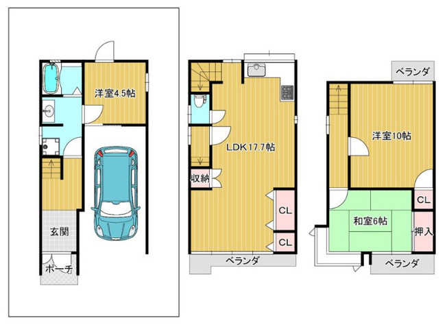 【間取り】 | 東大阪市衣摺4丁目 | 3階建【3LDK＋車庫】室内水廻り設備一新！内外装全面リフォーム済み☆TVモニターホン新調完備☆LDKゆったり17.7帖♪