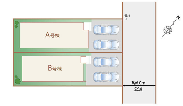 松戸市二十世紀が丘美野里町２６の区画図|前面道路6ｍの駐車2台仕様物件