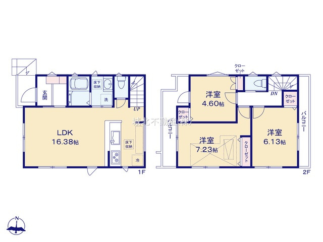 杉並区上井草2丁目 全3棟2号棟の間取り|建物面積75.42m2の3LDK新築戸建。
家の中心でもあるLDKは16.38帖の開放感
