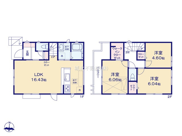 杉並区上井草2丁目 全3棟3号棟の間取り|建物面積75.60m2の3LDK新築戸建。
家の中心でもあるLDKは16.43帖の開放感