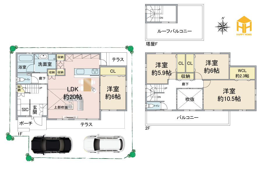 Happikuru Town箕面5丁目建築条件有売土地の土地図＋建物プラン例|建物プラン例：建物価格2400万円、建物面積133.59㎡
※図面と現況に相違がある場合は、現況を優先します。