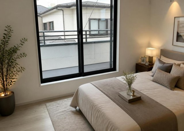 【寝室】 | 2階にある6.4帖の洋室は主寝室としても最適なお部屋です。ウォークインクロゼットが配置されており、服や季節物の荷物もすっきり収納可能。2面採光で明るく換気も行き届くため静かにゆったりとお休み頂けます。