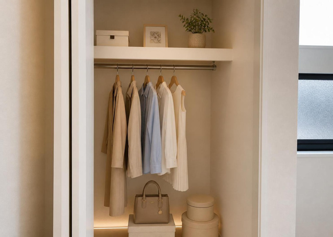 【収納】 | 全居室に収納スペースを完備した4LDKの間取り設計です。ウォークインクロゼットや床下収納、パントリーなど豊富な収納力を確保。衣類や生活用品をしっかり収めることで居住空間をいつでも広々と保てます。