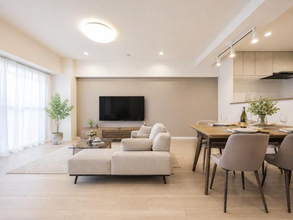 エンゼルハイム日吉の居間・リビング|自慢したくなるリビング！
形も良く家具の配置にも困りません。
※家具等はＣＧでの参考レイアウトです。