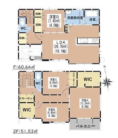 福岡市早良区内野3丁目第1-2棟（1号棟）の間取り|全居室収納付きで便利です。