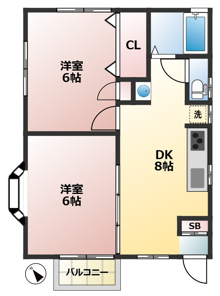 ヒルズK　4方角部屋　南向き　全室2面採光の間取り