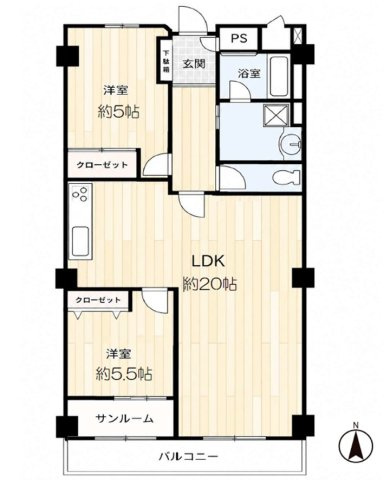 芦屋松浜ハイツの間取り|家族と過ごす時間を大切にしたい方にぴったりの明るくゆとりある住空間です。南側の窓からの日差しがリビングの隅々までしっかりと届きます