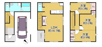 【間取り】 | 和泉市葛の葉町２丁目 | ファミリーにもぴったりの３LDKの間取りです。
約16.7帖のLDKが魅力的！
大事なお車も雨風から守れるガレージ付きです。