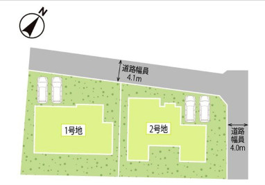 タマタウン喜田村　1号棟の区画図|カースペースは安心の3台以上駐車可。明るく心地の良い南東面の邸宅です。