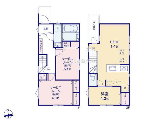 杉並区阿佐谷北6丁目 全3棟1号棟の間取り|建物面積72.39㎡の3LDK新築戸建。
家の中心でもあるLDKは14帖の開放感