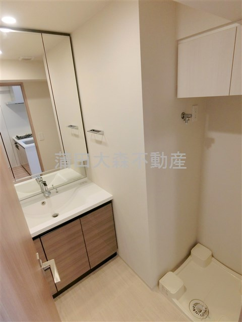 フレンシア蒲田の洗面所|2面鏡の独立洗面台　吊戸棚収納付きの洗濯機置き場　