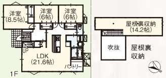 土浦市中村南　新築戸建て　1号棟の間取り|間取り図です♪
実際の空間の広さや陽当たり、風通しなどは現地でご確認できます♪