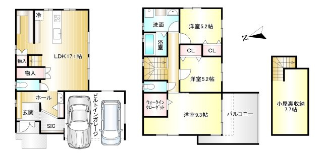香芝市磯壁5丁目 全5区画 2号地の間取り|3LDK　土地面積：130.16ｍ2　建物面積：125.65ｍ2　駐車2台可