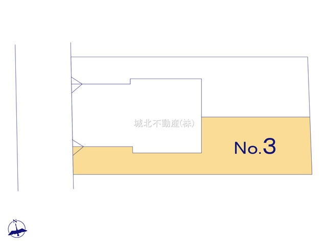 杉並区阿佐谷北6丁目 全3棟3号棟の区画図|土地面積/77.26㎡建物面積72.76㎡の1LDK+2Sの新築戸建。
伸びやかな北側3.8ｍ公道に面する建物です