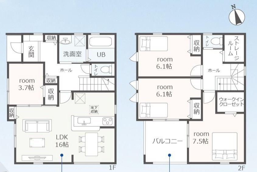 東海市富木島町南島58番1、58番4、77番1、78番1『仲介手数料無料』新築一戸建て・建売の間取り|　2号棟　1F:LDK16帖に隣接する洋室3.7帖　CL設置！リビング収納♪ホール収納♪2F:主寝室7.5帖　WIC設置！洋室6.1帖・洋室6.1帖　CL設置♪ストレージルーム♪南面バルコニー♪