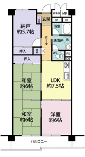 シャトー三愛の間取り|中古マンション　3DK+S　専有面積：67.6㎡（壁芯）　バルコニー面積：7.21㎡　南向き