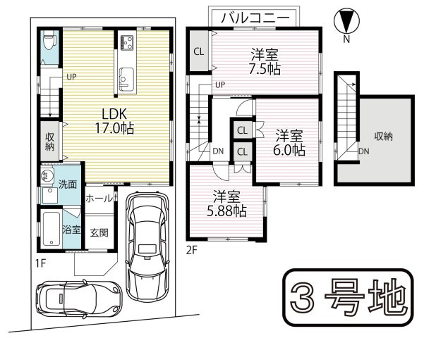◆全室２面採光で陽当たり良好◆天井収納付き３ＬＤＫ◆駐車２台可能◆山科区川田御興塚町の間取り