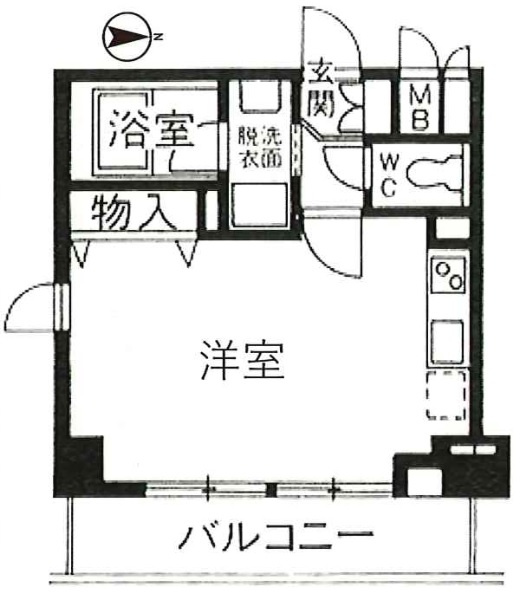 パインコート梅屋敷の間取り|間取り　東向きバルコニー角部屋2面採光の1R洋室9帖バストイレ別独立洗面台！