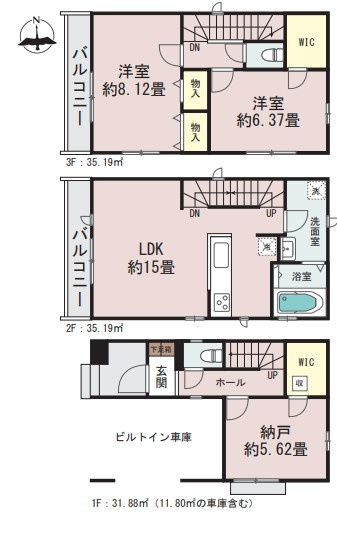【仲介手数料無料】富士見市鶴馬2613番―新築分譲住宅―限定1棟の間取り|ビルトイン車庫付きの3階建て住宅。約15帖のLDKに加え、WICや納戸など収納も充実。居住スペースと収納をバランスよく確保した暮らしやすい間取りです。