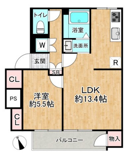 【間取り】 | 多摩川住宅ハ棟 | 専有面積41.46平米の1LDKタイプです♪水回り動線の使いやすさがございます。