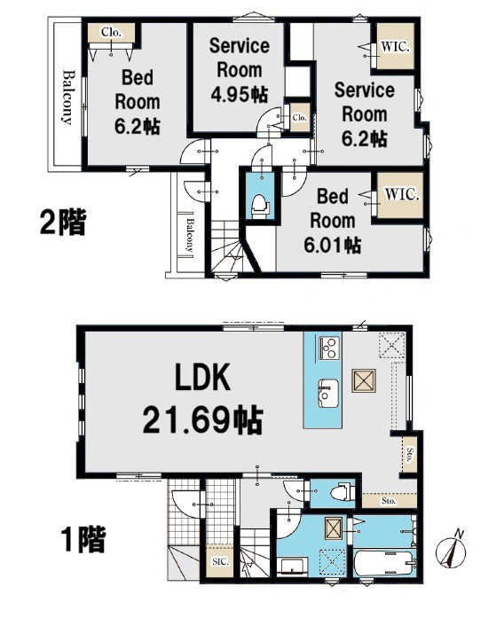 練馬区南大泉6丁目　南向き角地含む新築分譲地全2区画の参考プラン|2号地　建物プラン　2LDK+2S、土地価格6120万円、土地面積98.51m2、建物価格1460万円、建物面積98.44m2