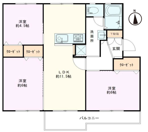 【間取り】 | 鶴川２丁目団地　１５－１号棟 | 3LDKは、リビングダイニングキッチンと3つの居室がある間取り。ファミリー層に非常に人気の高い間取りで、広々としたリビングで家族団らんを楽しみ、個室でプライベートな時間も確保できるのが大きな魅力です。