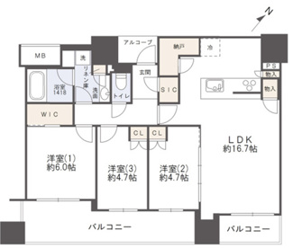 【間取り】 | シエリアタワー中之島 | 【間取り】新築未入居住戸！32階・南東向き中部屋につき眺望・通風・採光◎				
