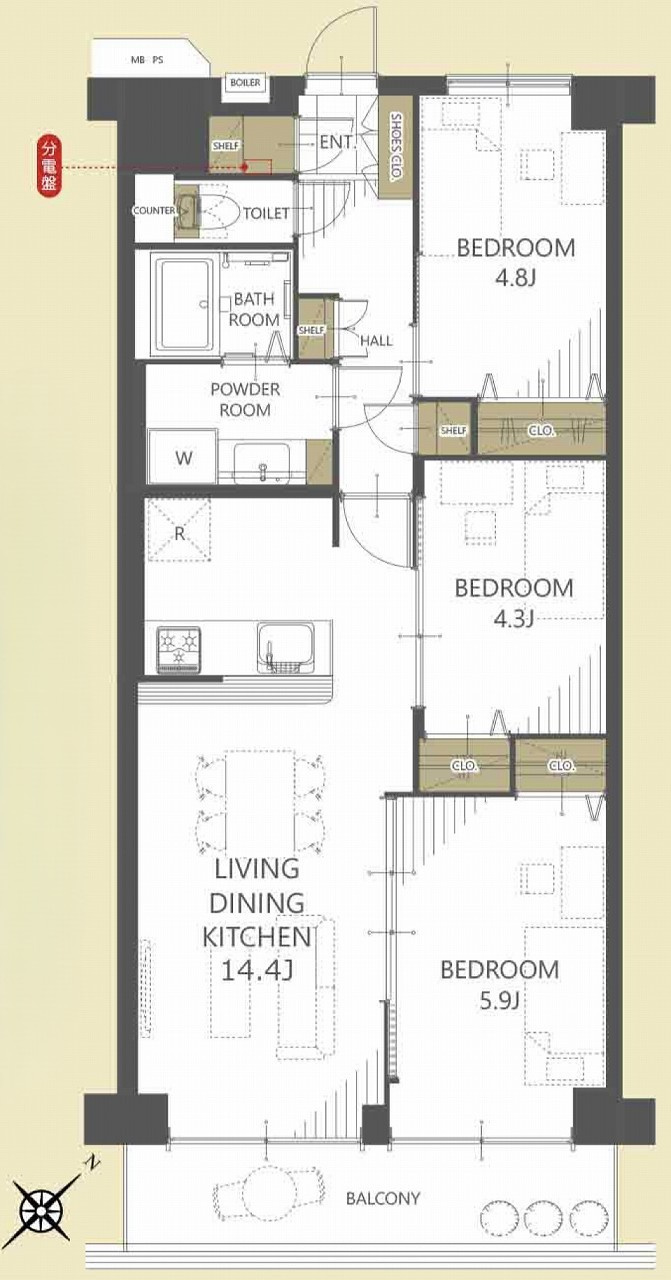 若葉台マンションの間取り|3LDK、専有面積67.20㎡、バルコニー面積7.84㎡のゆとりある間取り設計です。各居室にしっかりとした収納が備わっており、ファミリー層にもおすすめの機能的で住み心地が良い住空間を実現しています。