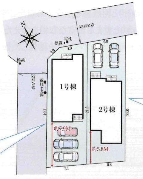 碧南市宮町　全2棟・1号棟の区画図