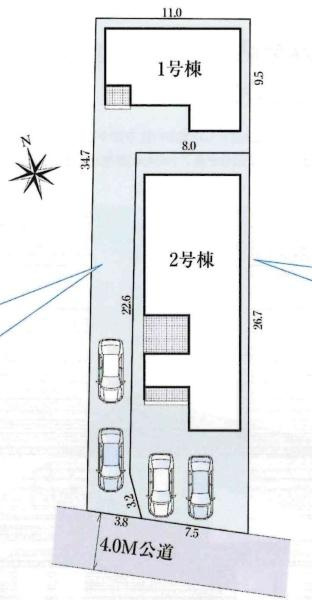 知立市来迎寺町　全2棟・1号棟の区画図