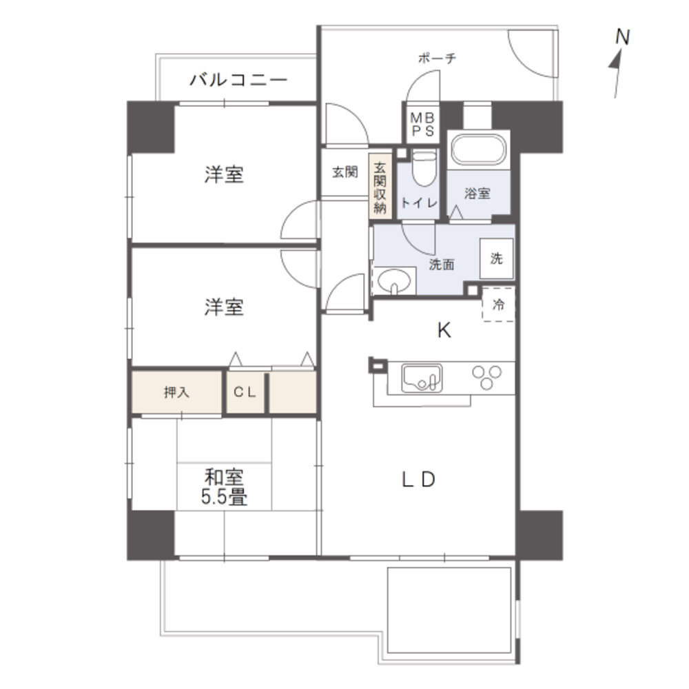 サーパス西古松Iの間取り|3LDK、価格1,250万円、専有面積62.63㎡、バルコニー面積21.84㎡　南向きの3階角住戸につき、陽当たり・風通し良好です。