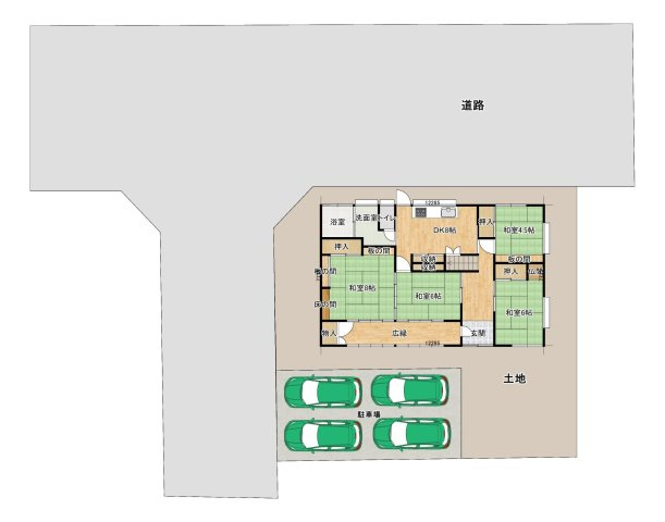 いわき市平中平窪二丁目中古住宅 4SLDK 陽当り良好 不動産プラスの区画図|【リフォーム中】区画図。駐車場拡張工事、浄化槽新設工事、除草を行います。駐車場は縦並列4台停める事ができます。お客様が来た時に安心ですね。