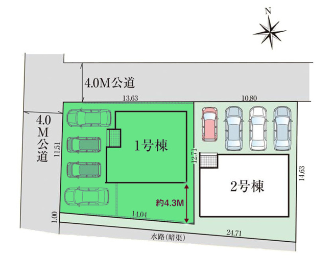 【区画図】 | グラファーレ高崎市上並榎町ー① | 開放的な角地に面した1棟！
カースペースは並列4台駐車可能！