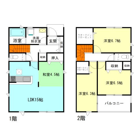 【間取り】 | クレイドルガーデン前橋市大利根町第3ー② | リビングゆったり15帖＋タタミコーナー4.5帖のくつろぎ空間！
2階全居室6帖以上の広々間取り！