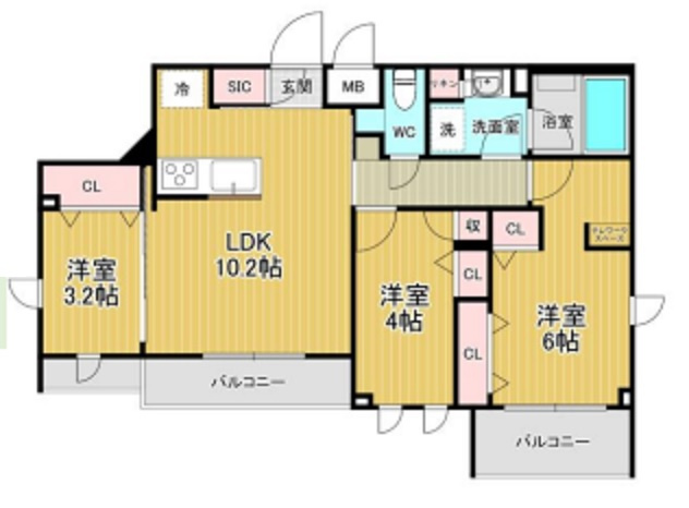 HILLTOP南蒲田(ヒルトップミナミカマタ)の間取り|間取り　最上階南向きバルコニー3面角部屋の3LDKエアコン4基！