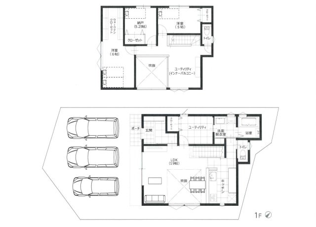 [価格改定]東区馬木6丁目 No.1の間取り|3340万円、3LDK、土地面積140.38m2、建物面積106.82m2、並列3台駐車可能