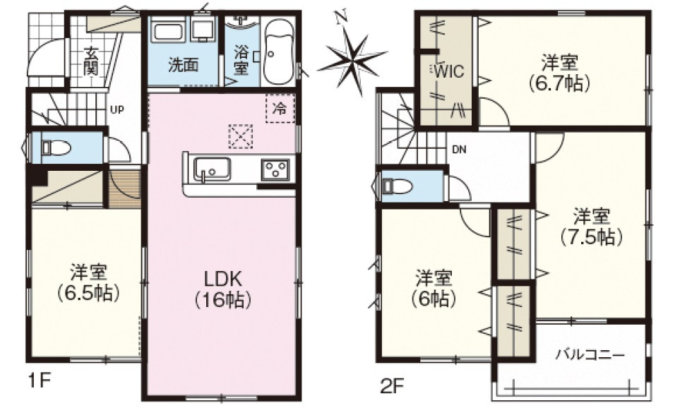 佐伯区坪井1丁目No.1の間取り|(2号棟)3380万円、土地 117.13m2、建物 99.63m2、車2台駐車可能