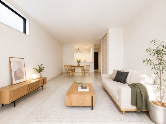 リーブルガーデン岸和田市八幡町２期の居間・リビング|明るく開放感のある19.5帖LDK♪家族が自然と集まる心地よい空間