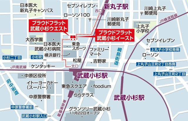 プラウドフラット武蔵小杉イーストの地図