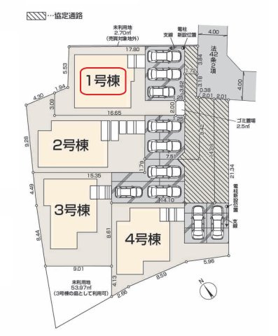 狭山市笹井・全4棟　新築一戸建　1号棟の区画図|【全4棟・1号棟】カースペース並列3台可能（車種制限あり）