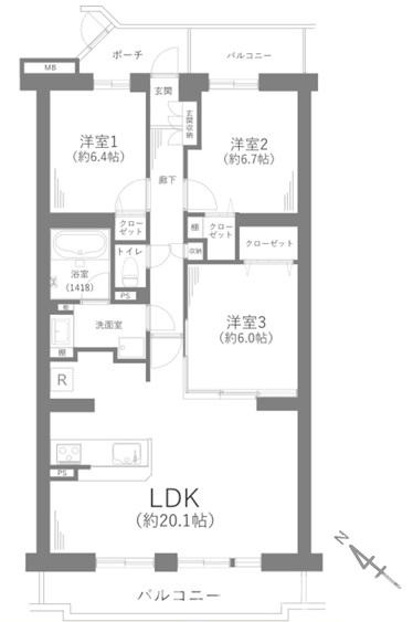 コスモ茅ヶ崎プレシオの間取り|南西向き　３LDK