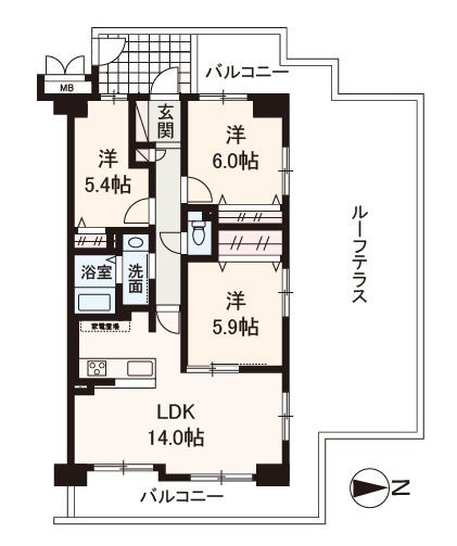 【間取り】 | ヴィルヌーブ東三国 | 三方角部屋×ルーフテラス付き！3LDKリフォーム物件。アフターサービス保証付き。内覧をご希望の際はお気軽にお電話ください！