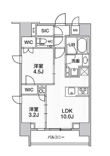 シーズンフラッツ大森ブライトの間取り|間取り　南向きバルコニー南西角部屋のカウンターキッチンの2LDK　各部屋広くはありませんが、ウォークインクローゼットとシューズインクローゼット付きで収納豊富！